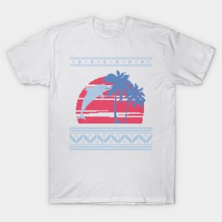 Blue, Light Blue and Red Palm Tree and Dolphin Ugly Christmas Sweater Design T-Shirt